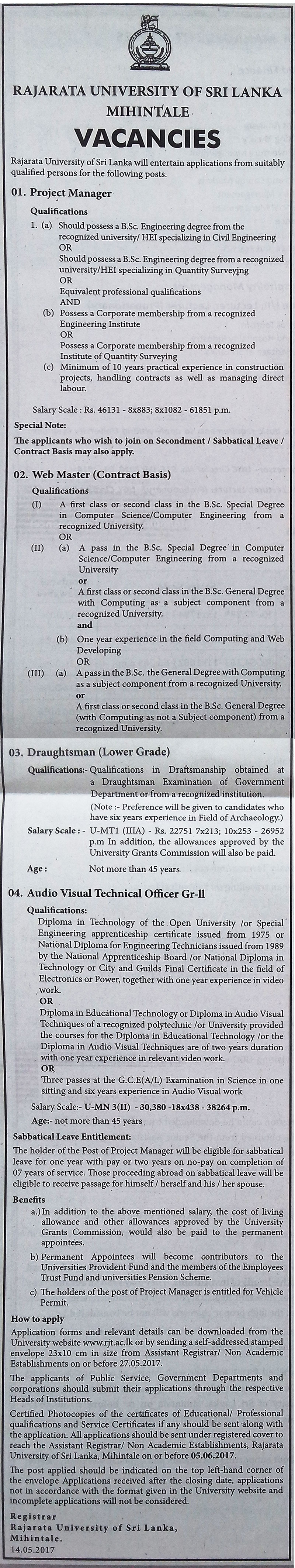 Project Manager, Web Master, Draughtsman, Audio Visual Technical Officer - Rajarata University - Mihintale